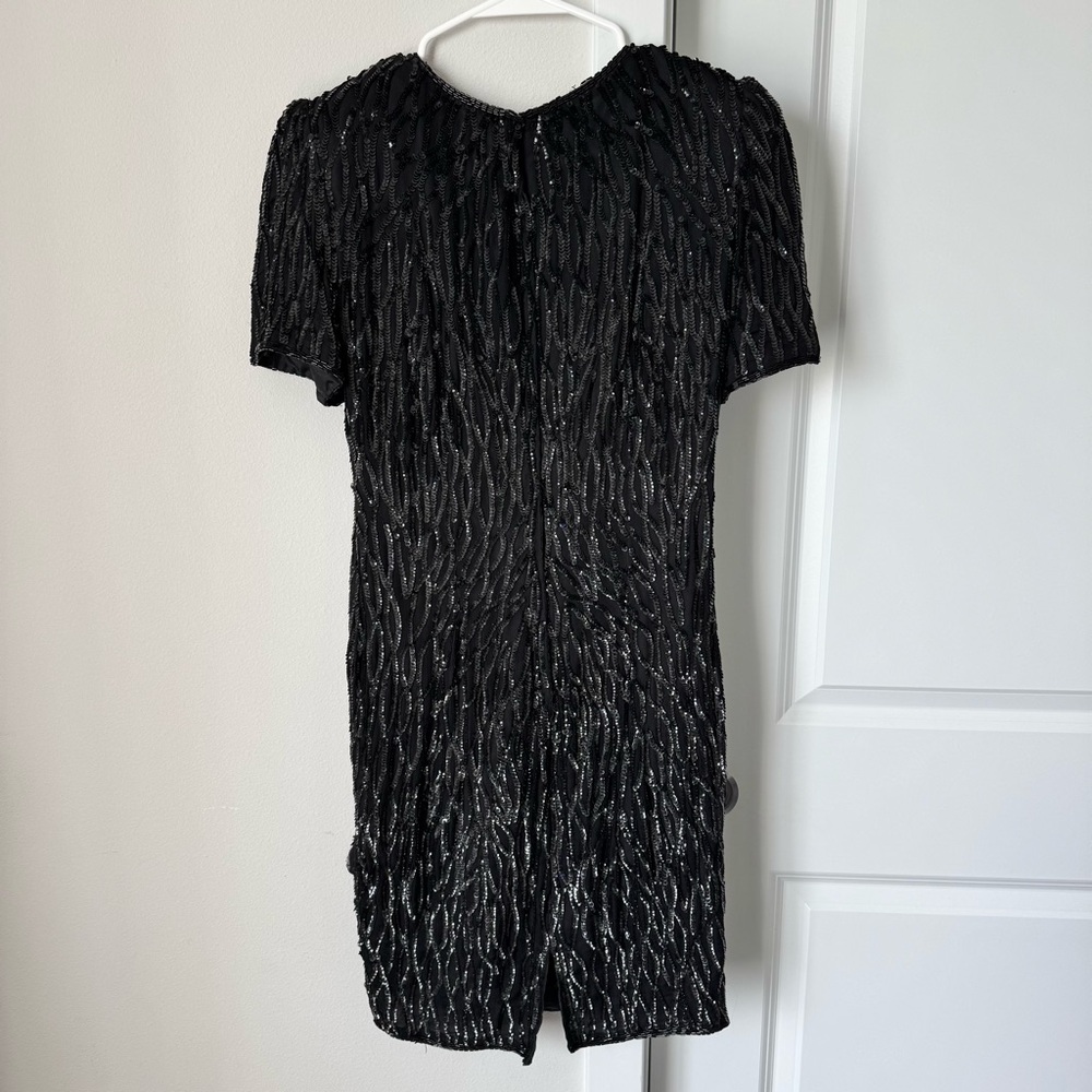 Vintage Stenay Black Sequin Dress Size 4 Shoulder Pads 100% Silk Beaded 1980s - Picture 9 of 14